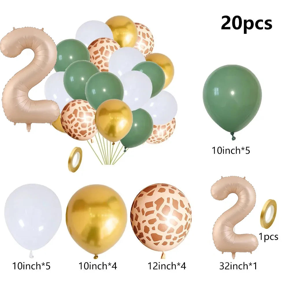 20pcs Jungle Animal Party Balloons – Sage Green & Number Foil Balloons for Birthdays & Baby Showers - LucyFunParty