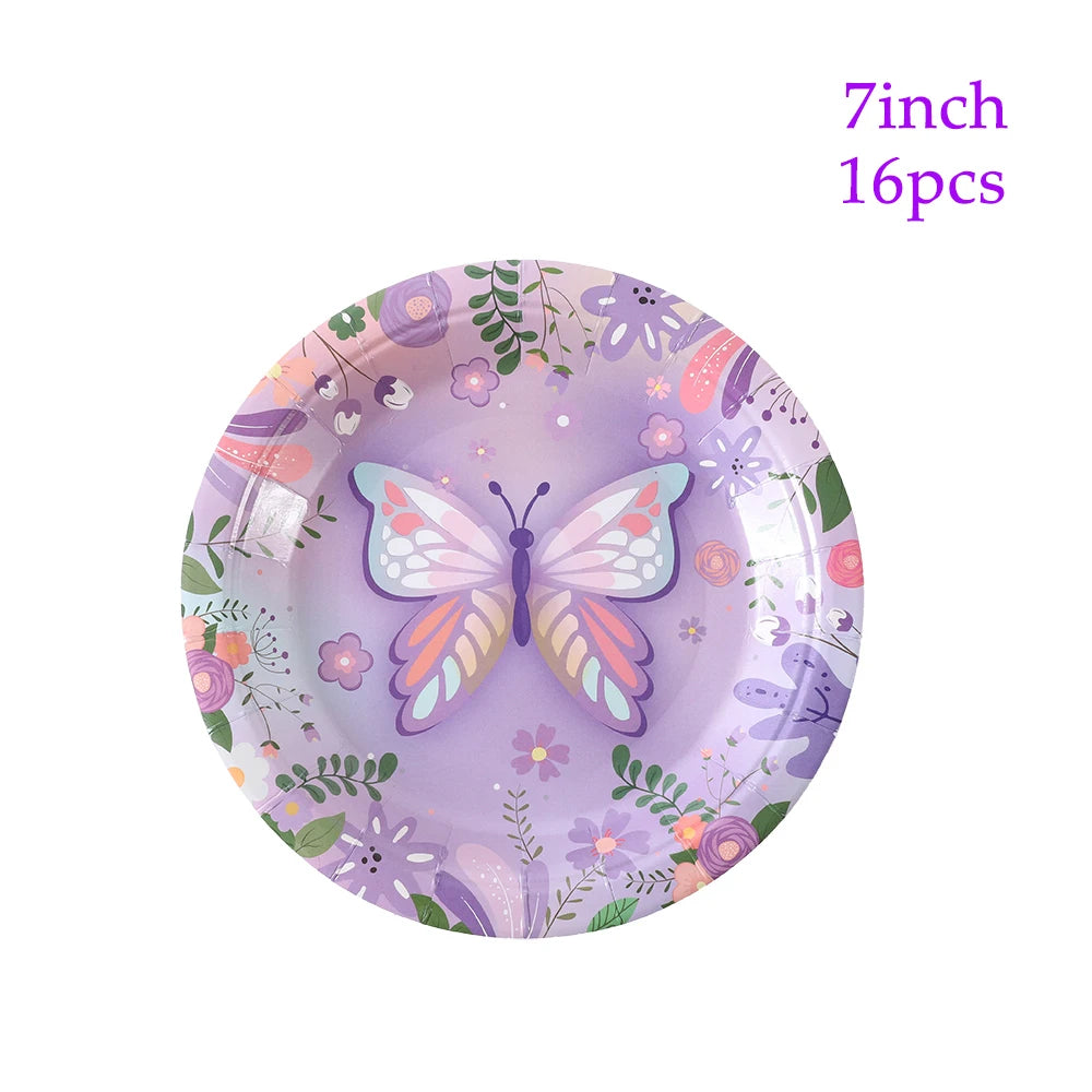 Pink & Purple Butterfly Party Tableware – Plates, Cups, Napkins & Banner - LucyFunParty