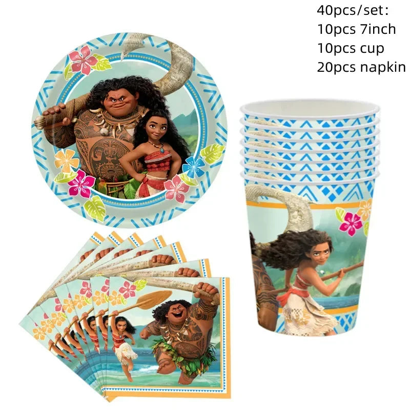Moana Theme Party Tableware – Disposable Cups, Plates & Flags for Kids - LucyFunParty