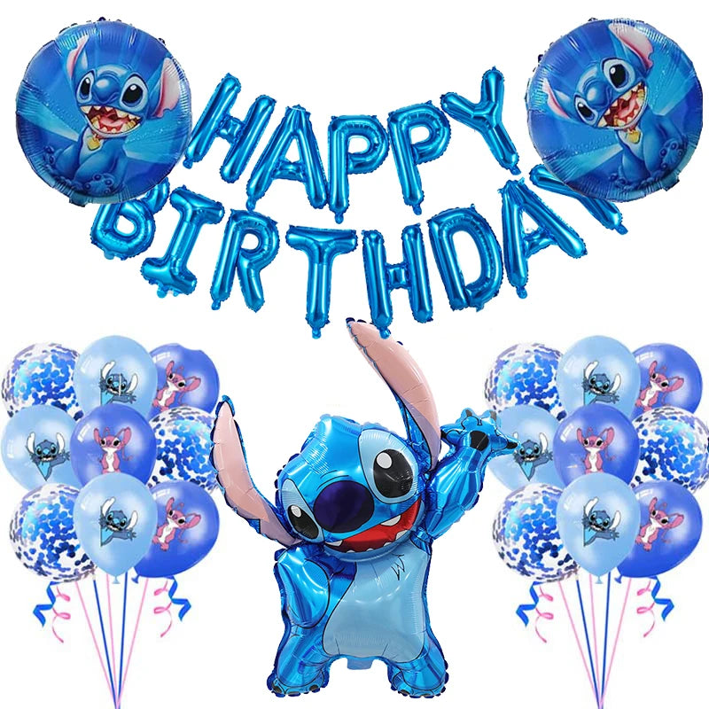 34pcs Blue & Pink Stitch Balloon Set – Happy Birthday Banner & Party Decorations - LucyFunParty