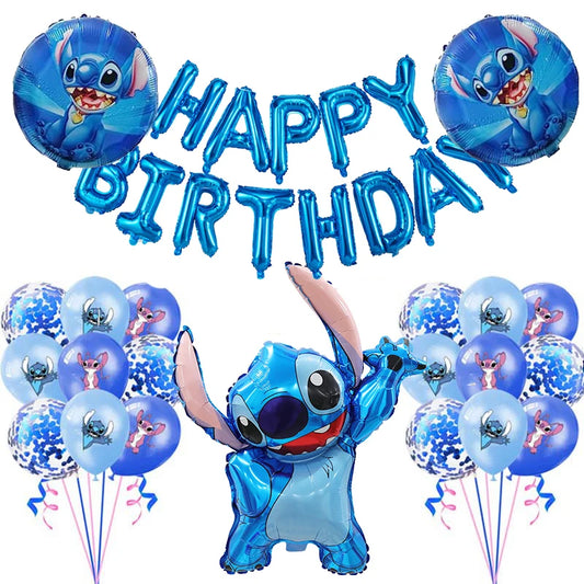 34pcs Blue & Pink Stitch Balloon Set – Happy Birthday Banner & Party Decorations - LucyFunParty