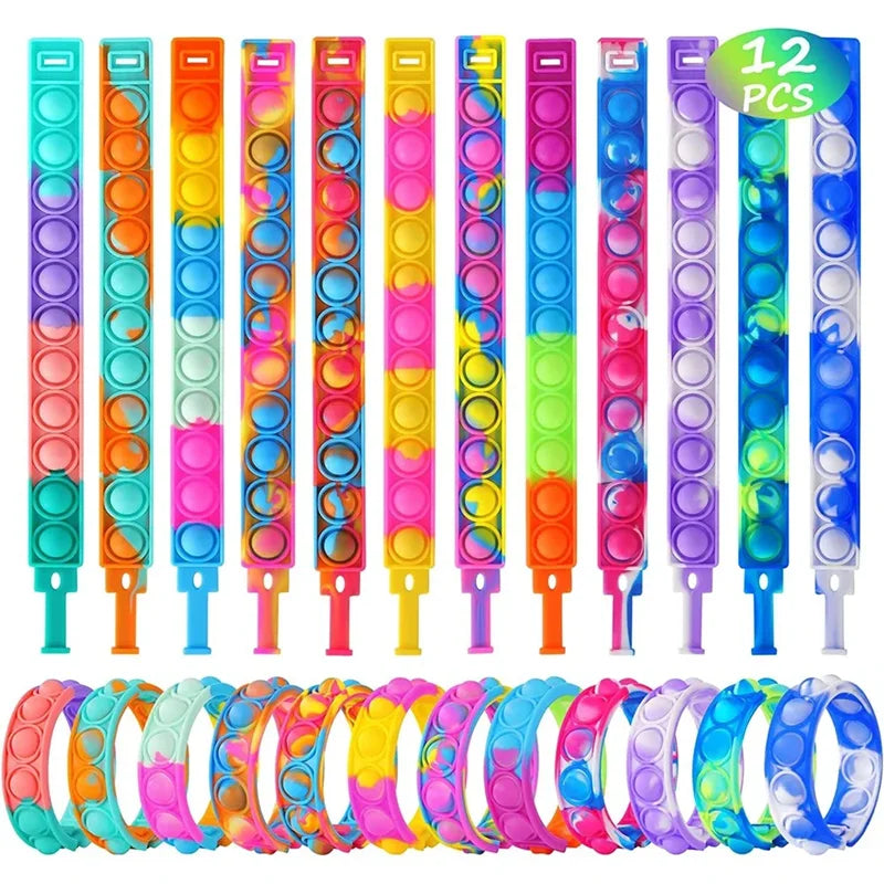 12pcs Pop Bracelet Fidget Toys – Kids' Party Favors & Stress Relief Wristbands - LucyFunParty