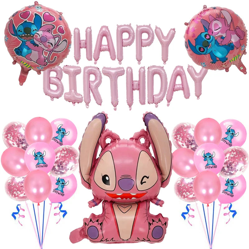 34pcs Blue & Pink Stitch Balloon Set – Happy Birthday Banner & Party Decorations - LucyFunParty