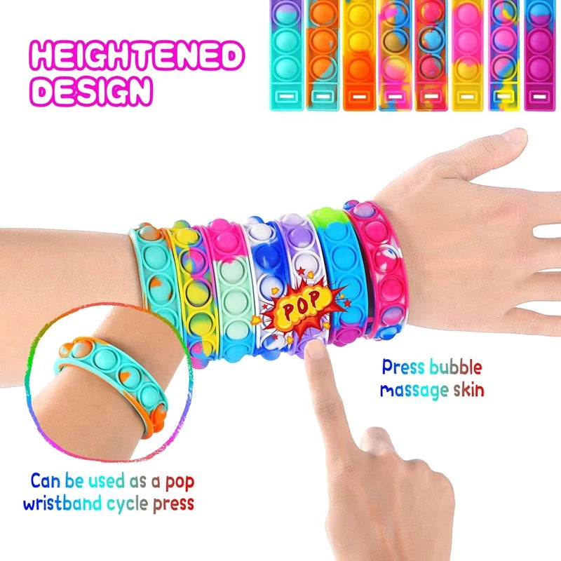 12pcs Pop Bracelet Fidget Toys – Kids' Party Favors & Stress Relief Wristbands - LucyFunParty
