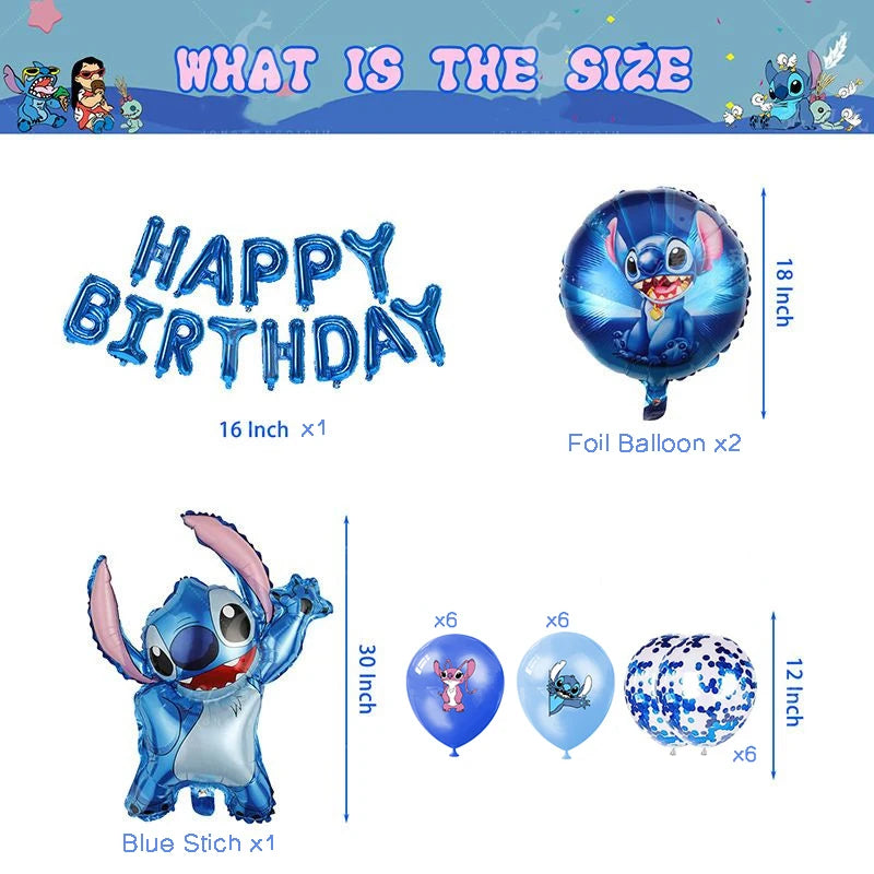 34pcs Blue & Pink Stitch Balloon Set – Happy Birthday Banner & Party Decorations - LucyFunParty