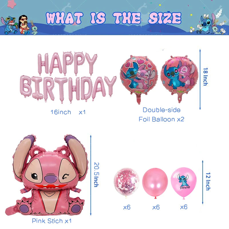 34pcs Blue & Pink Stitch Balloon Set – Happy Birthday Banner & Party Decorations - LucyFunParty