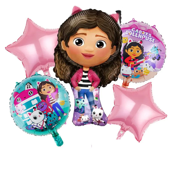 5pcs Children's Birthday Party Decoration Gabby Doll House Theme Gabby Doll House Aluminum Film Balloon Set Star Globos