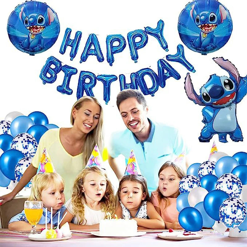 34pcs Blue & Pink Stitch Balloon Set – Happy Birthday Banner & Party Decorations - LucyFunParty