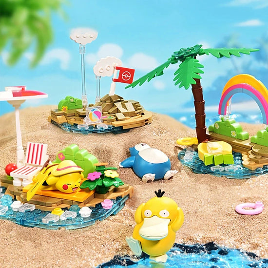 Pokemon Building Blocks Pikachu Psyduck Seaside Party Theme Scene Model Bricks Desktop Decorative Ornaments Kids DIY Toys Gifts