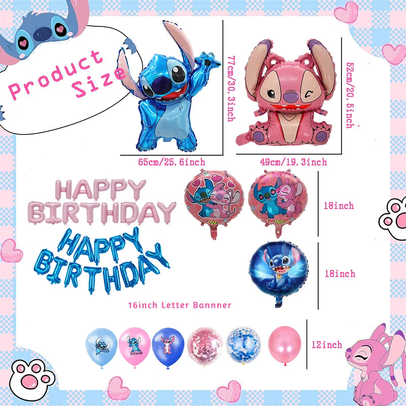 34pcs Blue & Pink Stitch Balloon Set – Happy Birthday Banner & Party Decorations - LucyFunParty