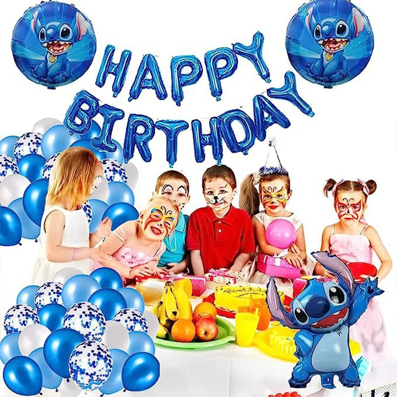 34pcs Blue & Pink Stitch Balloon Set – Happy Birthday Banner & Party Decorations - LucyFunParty