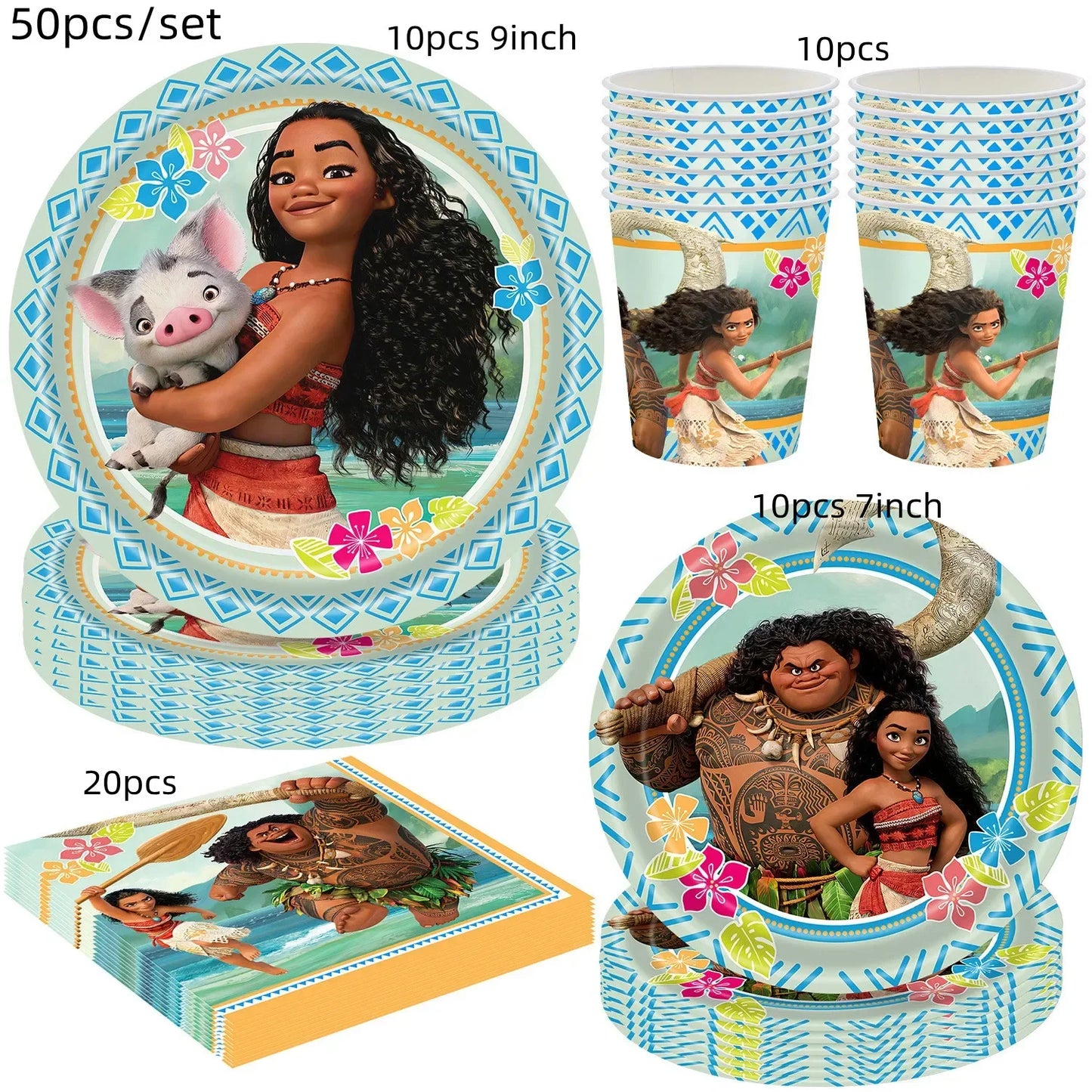 Moana Theme Party Tableware – Disposable Cups, Plates & Flags for Kids - LucyFunParty