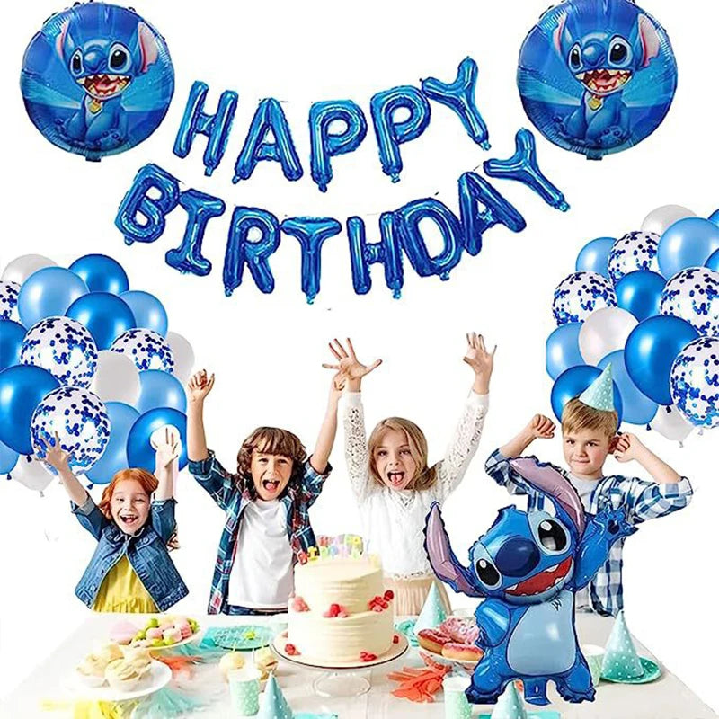 34pcs Blue & Pink Stitch Balloon Set – Happy Birthday Banner & Party Decorations - LucyFunParty